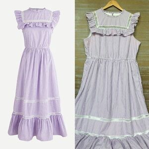 J. Crew Tiered Ruffle Pinafore Maxi Dress Purple Stripe Preppy Classic Womens L